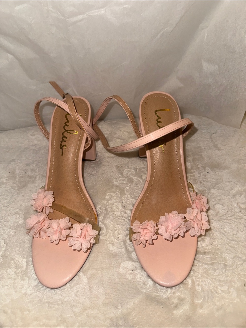 Lulu's Blush Pink Floral Strap Heels
